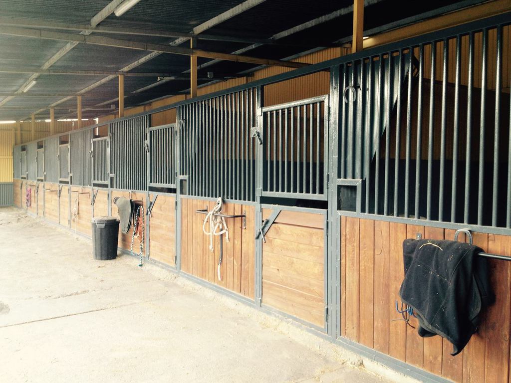 Cuadras interiores con boxes de madera y hierro